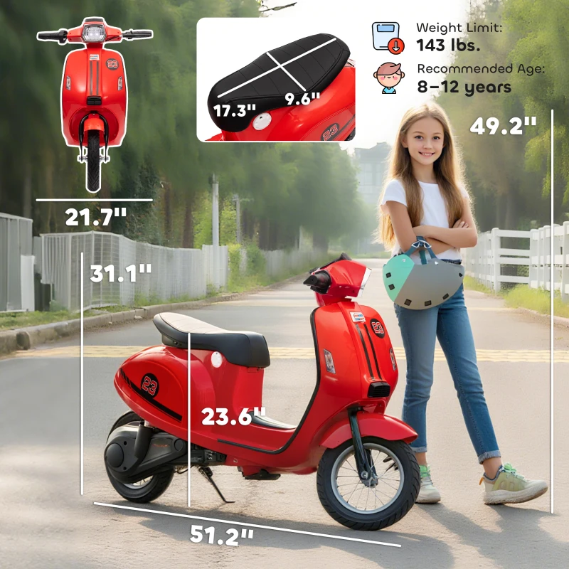 Qaba 24V Kids Motorcycle with 3-Speed, Electric Motorcycle with Rear Suspension and LED Lights for 8-12 Years Old, Red