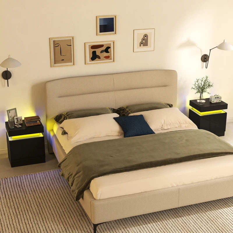 HOMCOM Nightstand Set of 2, End Side Tables with LED Lights, Bedside Tables with 2 Drawers, for Bedroom, Black