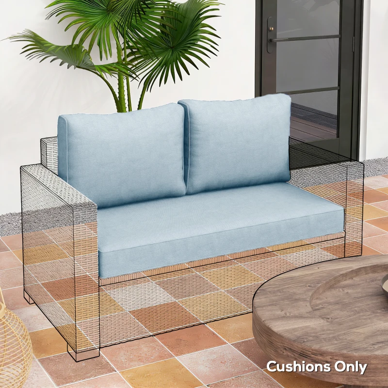 Outsunny Outdoor Seat Cushions with Backrest, Loveseat Double Sofa Outdoor Furniture Cushions, Light Blue