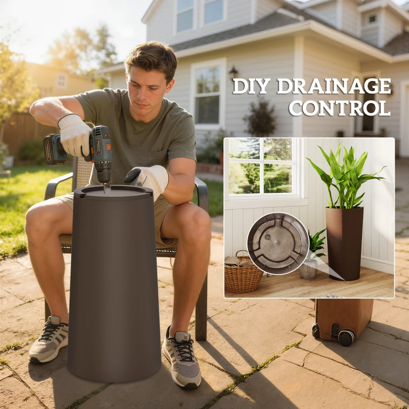 Outsunny 29 Inch Outdoor Planter, Set of 2 Plastic Flower Pots, Weather and UV Resistant Stackable Large Planters, Brown