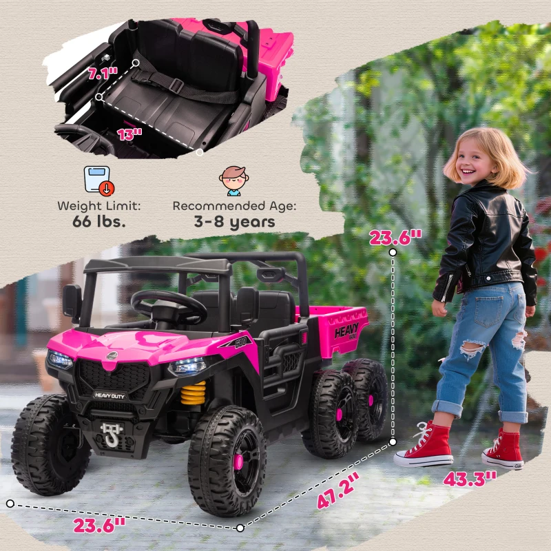 Qaba 24V 4WD Kids Ride On Car with 6 Wheels Electric Ride On Car with Dump Bed, Remote for 3-8 Years, Pink
