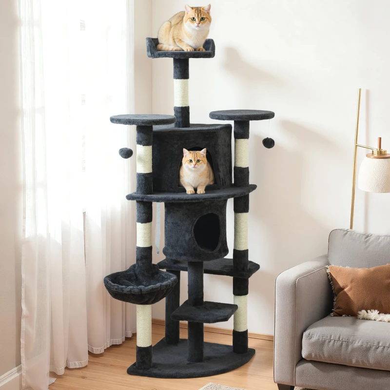 PawHut 62" Cat Tree with Scratching Post, 2 Condos, Hammock, Perches, Plush, Pompoms, for Indoor Cats, Dark Grey