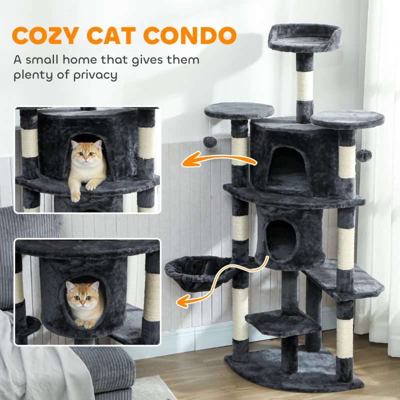 PawHut 62" Cat Tree with Scratching Post, 2 Condos, Hammock, Perches, Plush, Pompoms, for Indoor Cats, Dark Grey