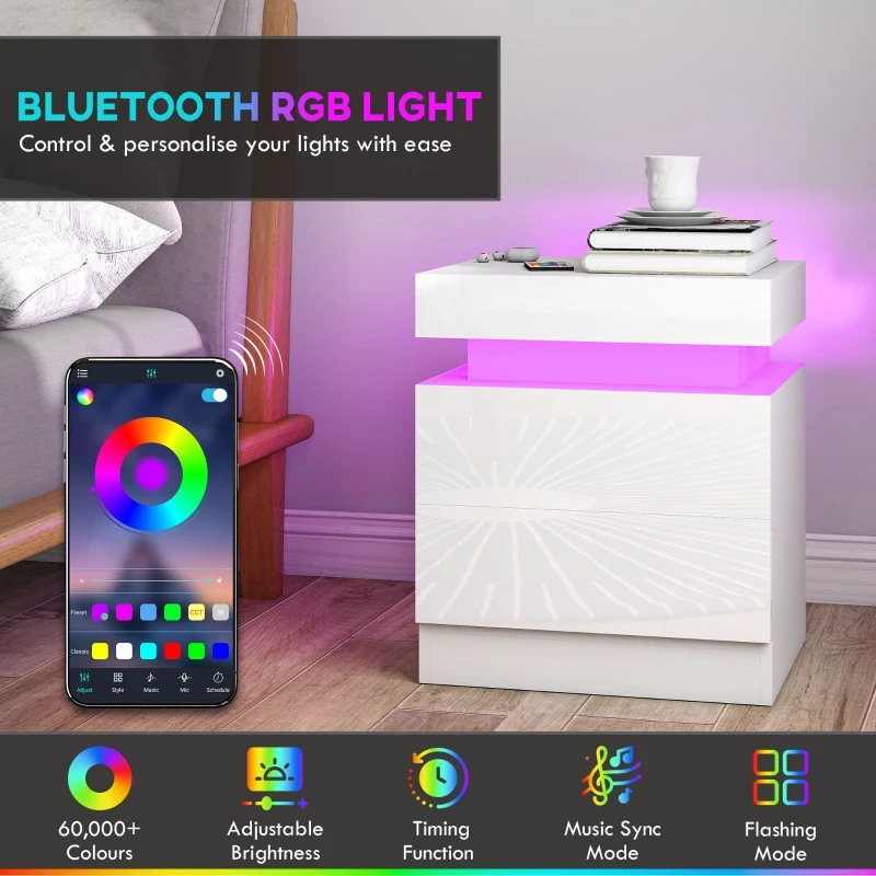 HOMCOM Nightstand Set of 2, End Side Tables with LED Lights, Bedside Tables with 2 Drawers, for Bedroom, White