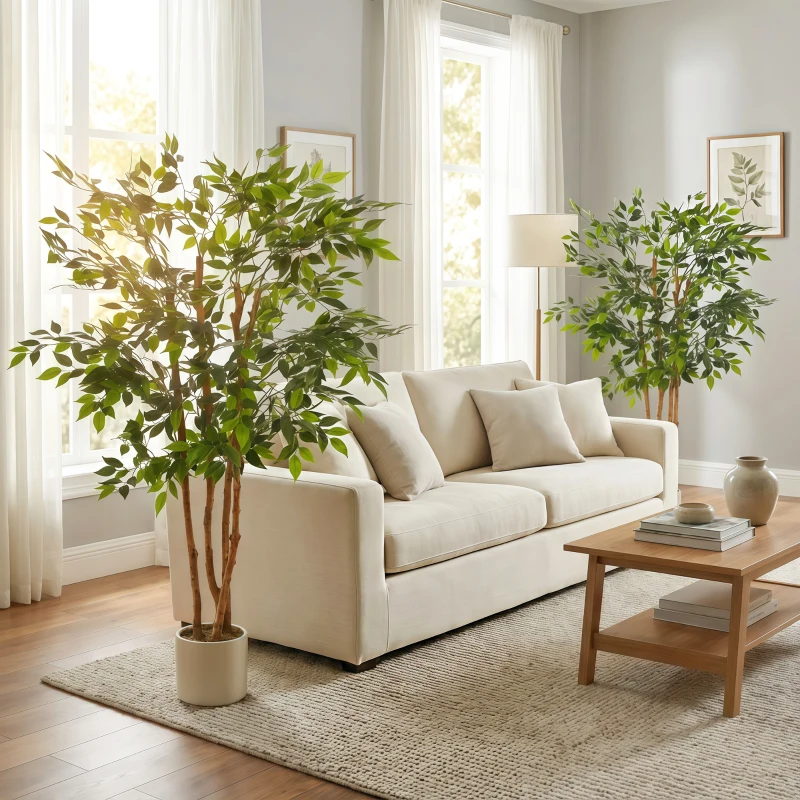 HOMCOM 5FT Artificial Banyan Tree Set of 2, Fake Potted Tree with Solid Wood Trunk and Pot for Indoor