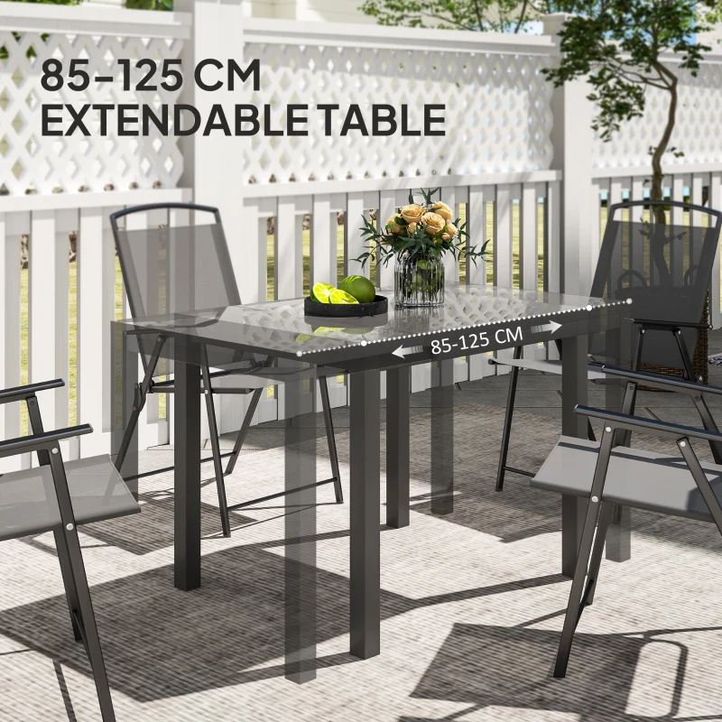 Outsunny Extendable Patio Dining Table, 33.5"-49.2" Adjustable Outdoor Dining Table for 4-6 Person, with Tempered Glass Top, Metal Frame, for Lawn, Garden, Dark Grey