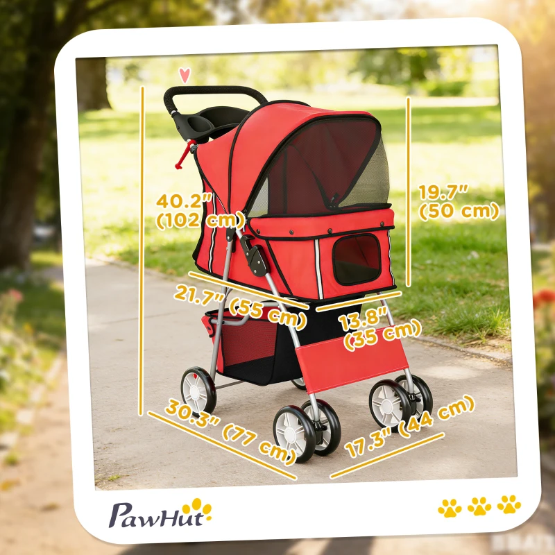 PawHut Pet Stroller with Reflective Strips, Foldable Cat Stroller with 360° Swivel Wheels for Small Dogs and Cats, Red