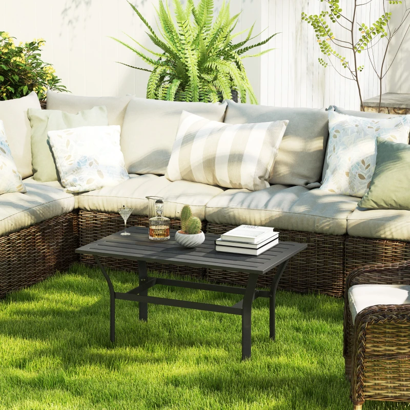 Outsunny Outdoor Side Table with Slatted Tabletop, Metal Patio Coffee Table for Garden, Balcony, Black