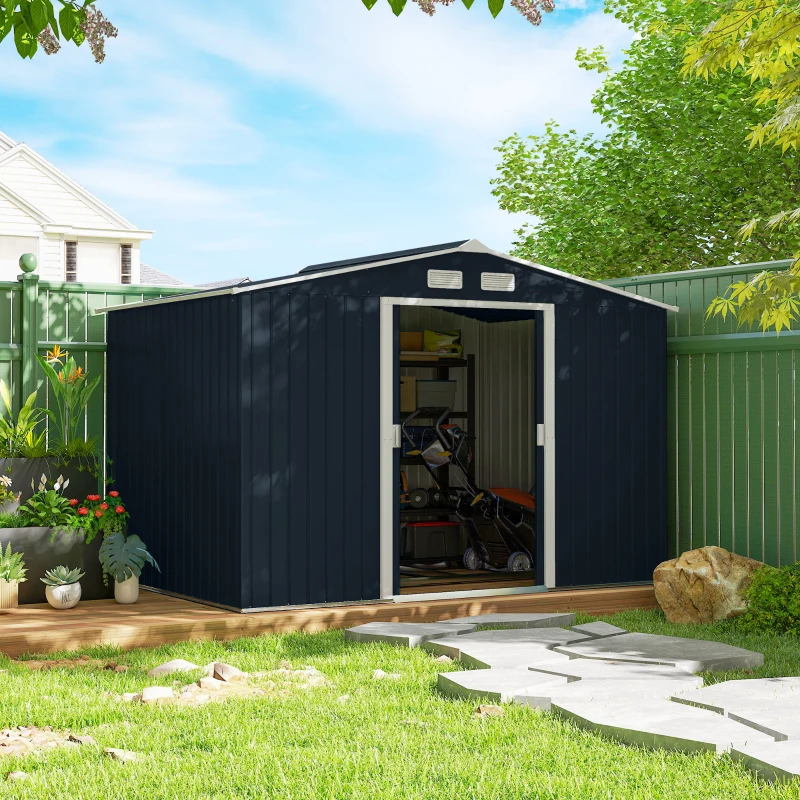 Outsunny 9' x 6' Outdoor Storage Shed, Garden Tool Metal Shed with Foundation Kit, Dark Gray
