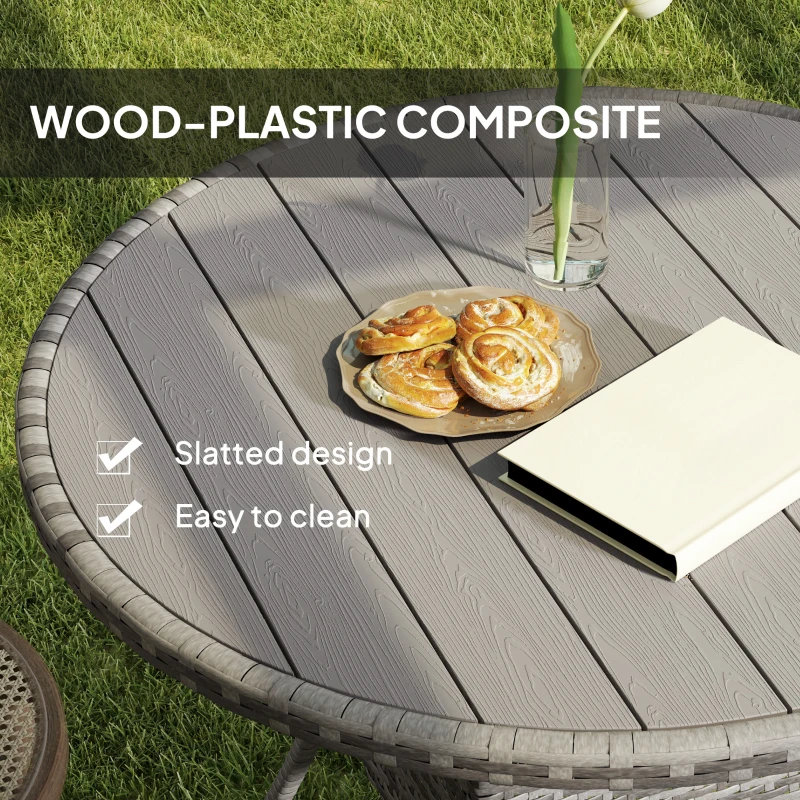 Outsunny 35.4" Outdoor Wicker Dining Table, PE Rattan Patio Furniture with Wood-plastic Composite Top, Grey