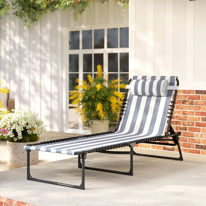 Outsunny Folding Chaise Lounge Pool Chair with 4-Position Reclining Back, Pillow, Breathable Mesh & Bungee Seat, Blue & White