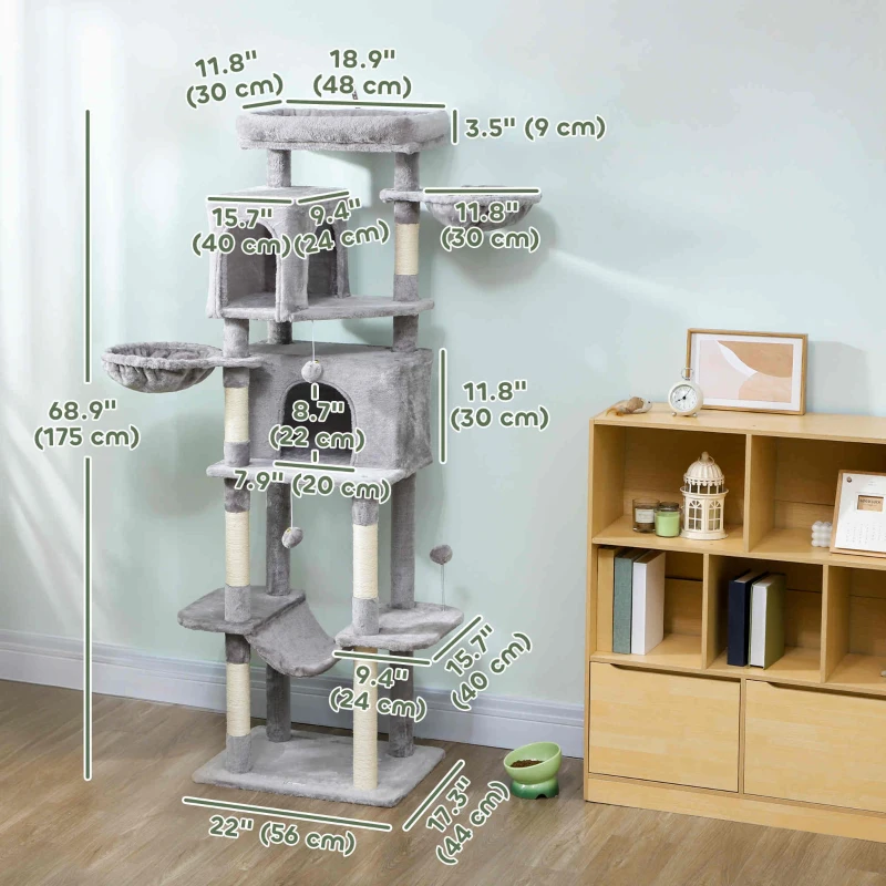 PawHut 69" Cat Tree, Multi-Level Cat Tower with 2 Condos, Plush Perch and Sisal Scratching Posts, Light Grey