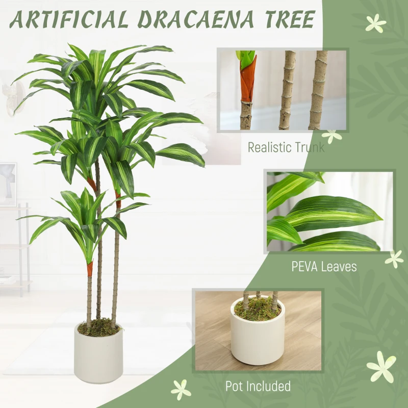 HOMCOM 4FT Dracaena Fake Plant, Artificial Plant with Bendable Trunks for Home Office Decor, Green