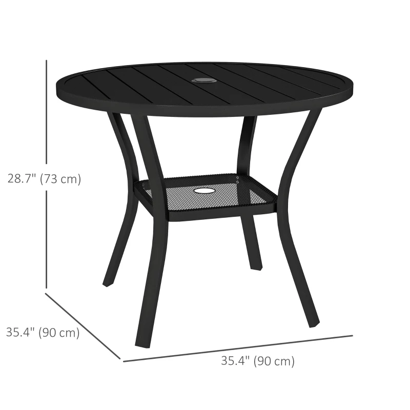 Outsunny 35.5" Round Outdoor Dining Table for 4, Metal Garden Patio Table with 1.6"-2" Umbrella Hole, Shelf, Slatted Top, Black