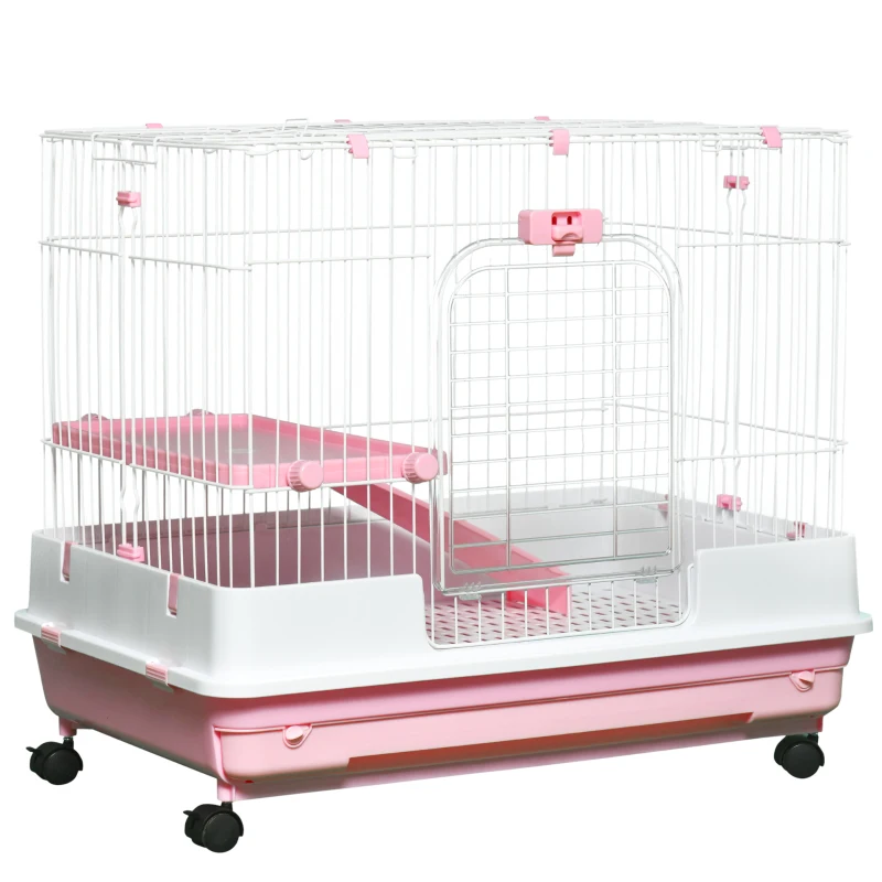 PawHut 32"L 2-Level Small Animal Cage with Universal Lockable Wheels, Pink