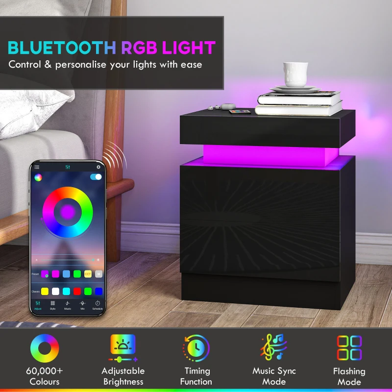 HOMCOM Nightstand Set of 2, End Side Tables with LED Lights, Bedside Tables with 2 Drawers, for Bedroom, Black