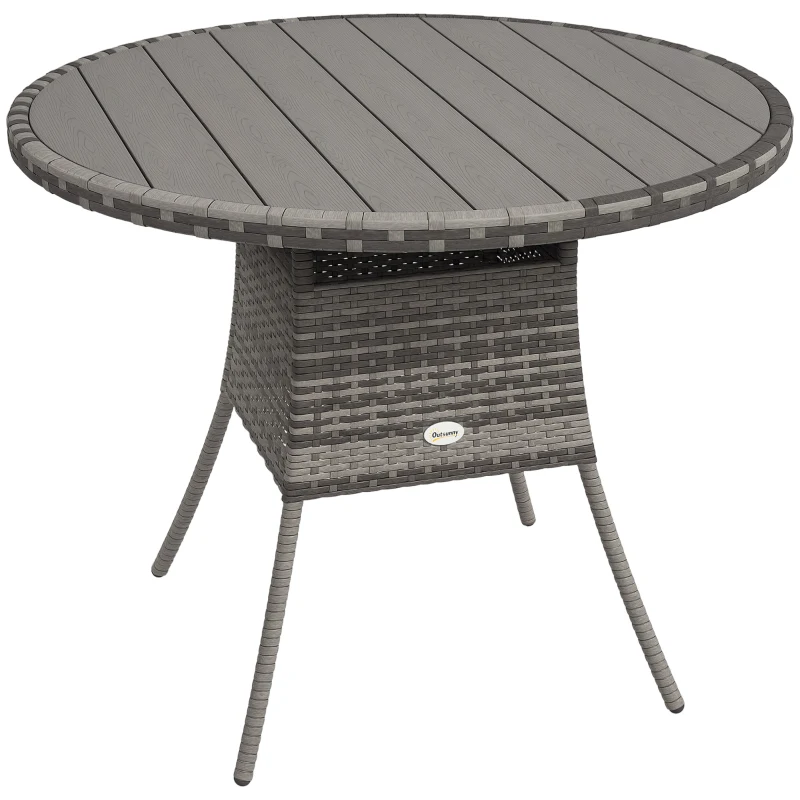Outsunny 35.4" Outdoor Wicker Dining Table, PE Rattan Patio Furniture with Wood-plastic Composite Top, Grey