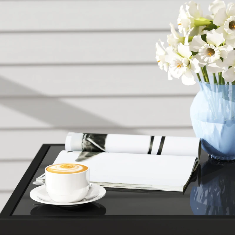 Outsunny Outdoor Bistro Set, 3 Piece Wicker Patio Furniture Set with Armchairs, 2-Tier Glass Table, Cushions, Dark Grey