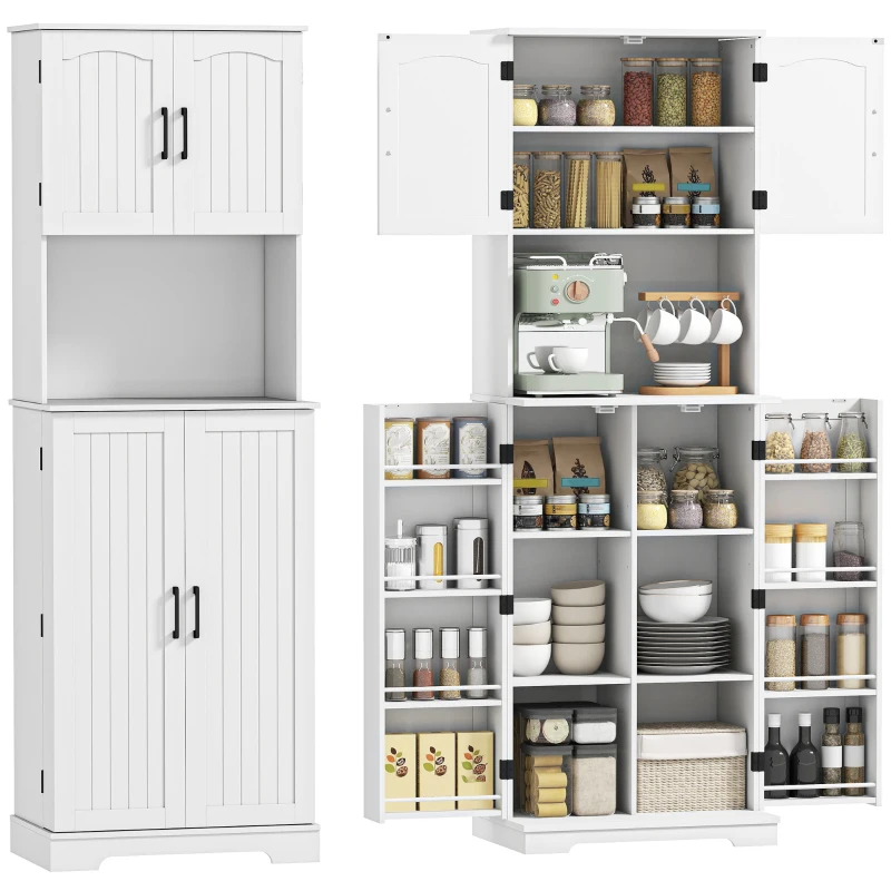 HOMCOM 71.5" Tall Pantry Cabinet, Farmhouse Kitchen Storage Cabinet with Adjustable Shelves, 8 Door Spice Racks, White