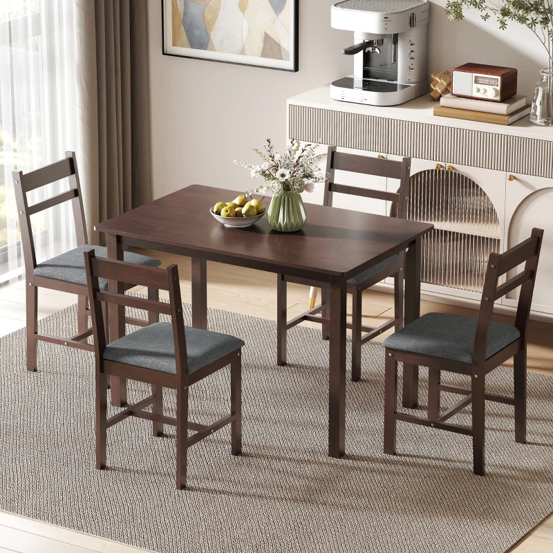 HOMCOM 5-Piece Solid Wood Dining Table Set for 4, Farmhouse Kitchen Table with Upholstered Chairs for Dining Room, Walnut