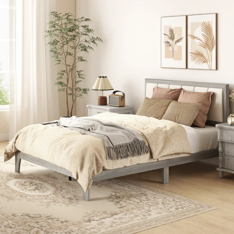 HOMCOM Full Bed Frame with Headboard Full Size Platform Bed Frame with Wooden Slats No Box Spring Needed Easy Assembly Gray