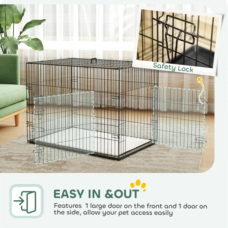 PawHut 35" Dog Crate with 2 Doors, Folding Metal Dog Cage with Soft Cushion, Removable Tray, Handle, Black