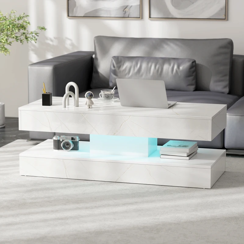 HOMCOM Coffee Table with Adjustable LED Lights, Center Table with 2 Drawers, Open Shelf, Remote, High Gloss Marble-Effect White