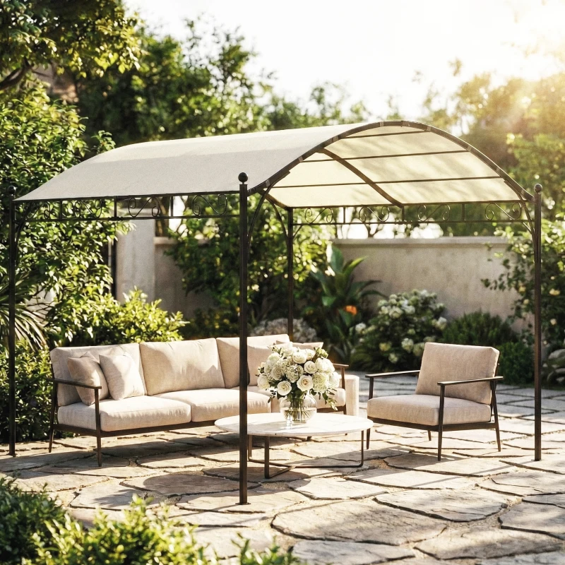 Outsunny 10' x 10' Outdoor Pergola with UV30+ Canopy Galvanized Steel Frame Sun Shade with Arched Top, Cream White