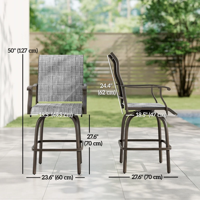 Outsunny Outdoor Bar Stools Set of 2, Swivel Bar Height Chairs with High Back, Curved Armrests and Steel Frame, Mixed Grey