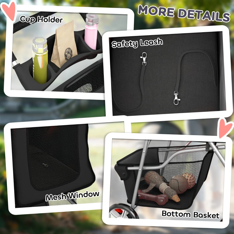 PawHut Pet Stroller with Reflective Strips, Foldable Cat Stroller with 360° Swivel Wheels for Small Dogs and Cats, Black