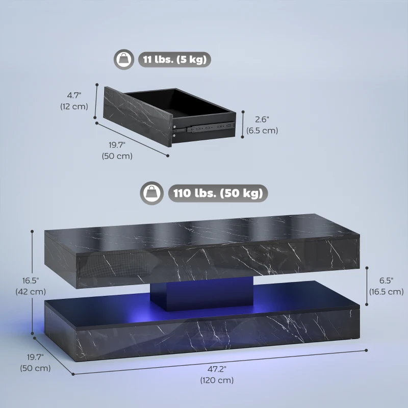 HOMCOM Coffee Table with Adjustable LED Lights, Center Table with 2 Drawers, Open Shelf, Remote, High Gloss Marble-Effect Black