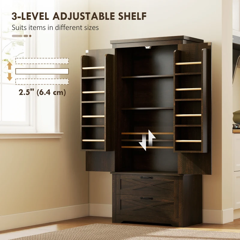 HOMCOM 64" Farmhouse Kitchen Pantry Storage Cabinet, two 4-tier door shelves for spice bottles with 2 Drawers, Adjustable Shelf, Distressed Dark Brown