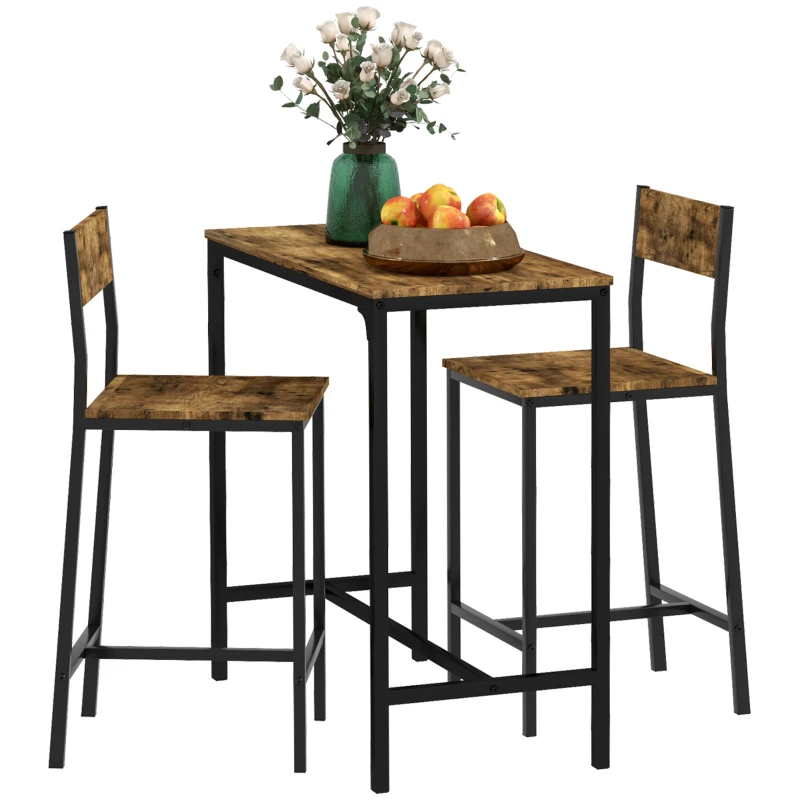 HOMCOM Industrial Bar Table Set Counter Height 3 Piece and 2 High Back Stools Set Dining Table Set Rustic Brown