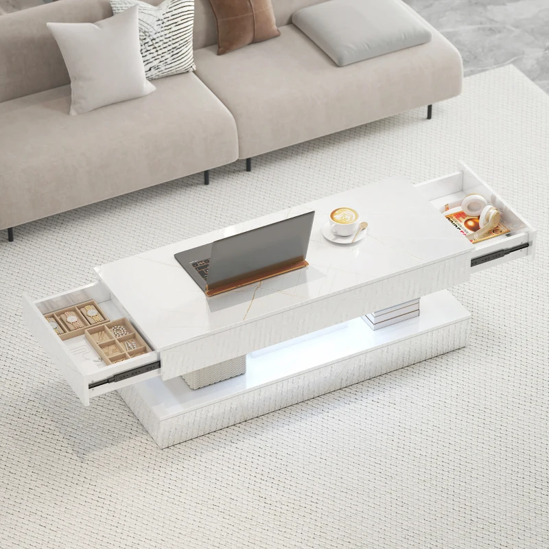 HOMCOM Coffee Table with Adjustable LED Lights, Center Table with 2 Drawers, Open Shelf, Remote, High Gloss Marble-Effect White