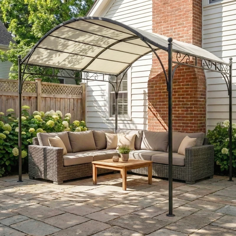 Outsunny 10' x 10' Outdoor Pergola with UV30+ Canopy Galvanized Steel Frame Sun Shade with Arched Top, Cream White