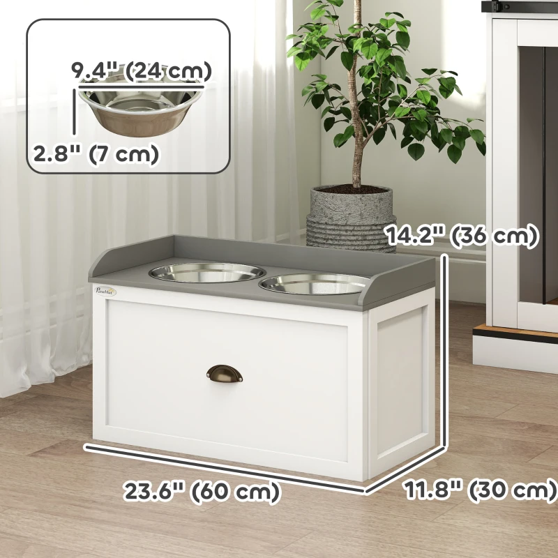 PawHut Elevated Dog Bowls Raised Pet Feeding Station with Storage 2 Stainless Steel Bowls, 23.6"x11.8" x14.2", White