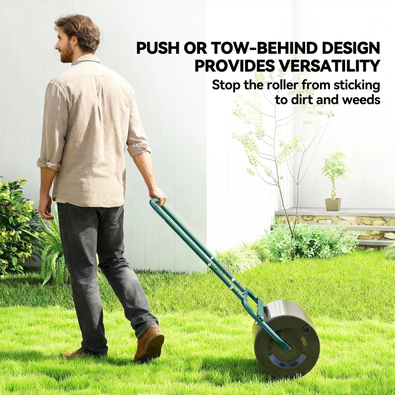 Outsunny Heavy Duty Lawn Roller, 20" Push/Tow Behind Sod Roller, Grass Flattener Filled with 11gal Water/136lbs Sand, Green
