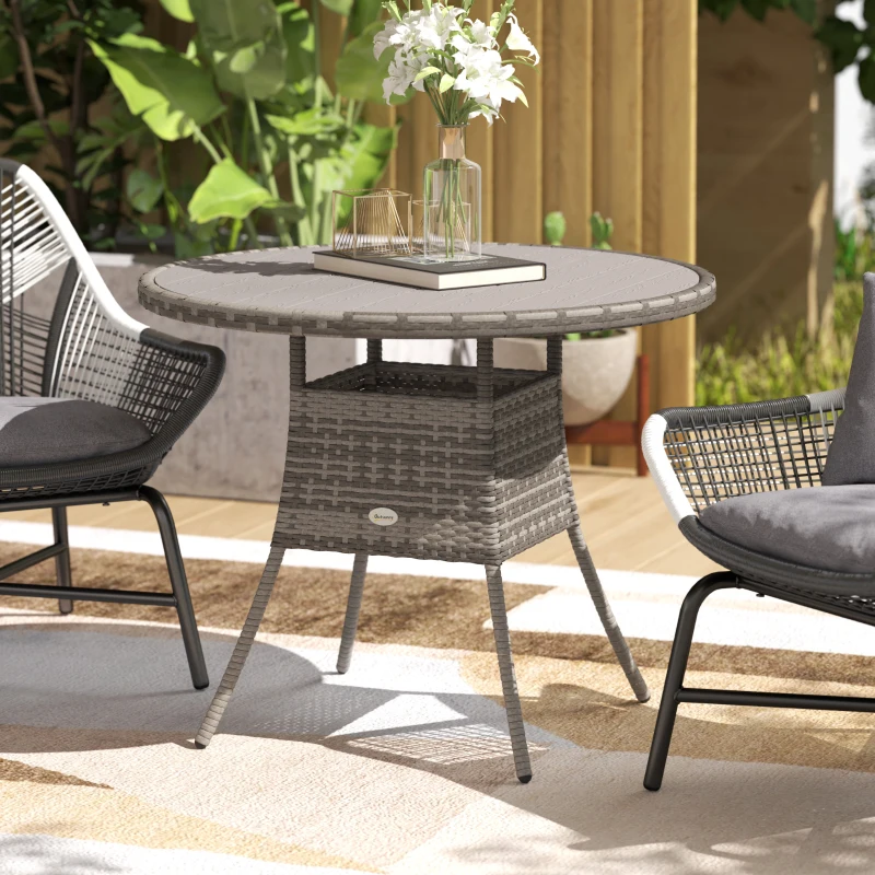 Outsunny 35.4" Outdoor Wicker Dining Table, PE Rattan Patio Furniture with Wood-plastic Composite Top, Grey
