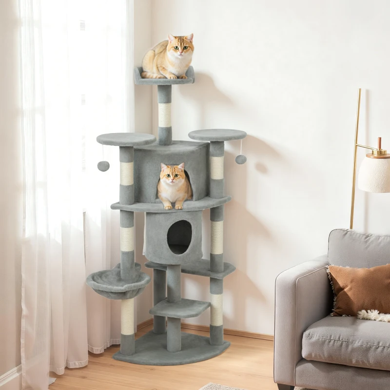 PawHut 62" Cat Tree with Scratching Post, 2 Condos, Hammock, Perches, Plush, Pompoms, for Indoor Cats, Light Grey