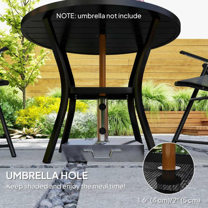 Outsunny 35.5" Round Outdoor Dining Table for 4, Metal Garden Patio Table with 1.6"-2" Umbrella Hole, Shelf, Slatted Top, Black