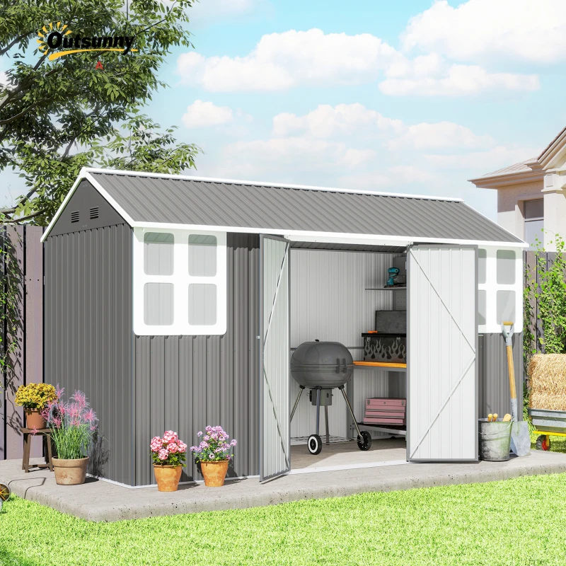 Outsunny 12' x 5.5' Metal Garden Storage Shed, Outdoor Tool Storage House with Lockable Door, Vents, Sloped Roof, Light Grey
