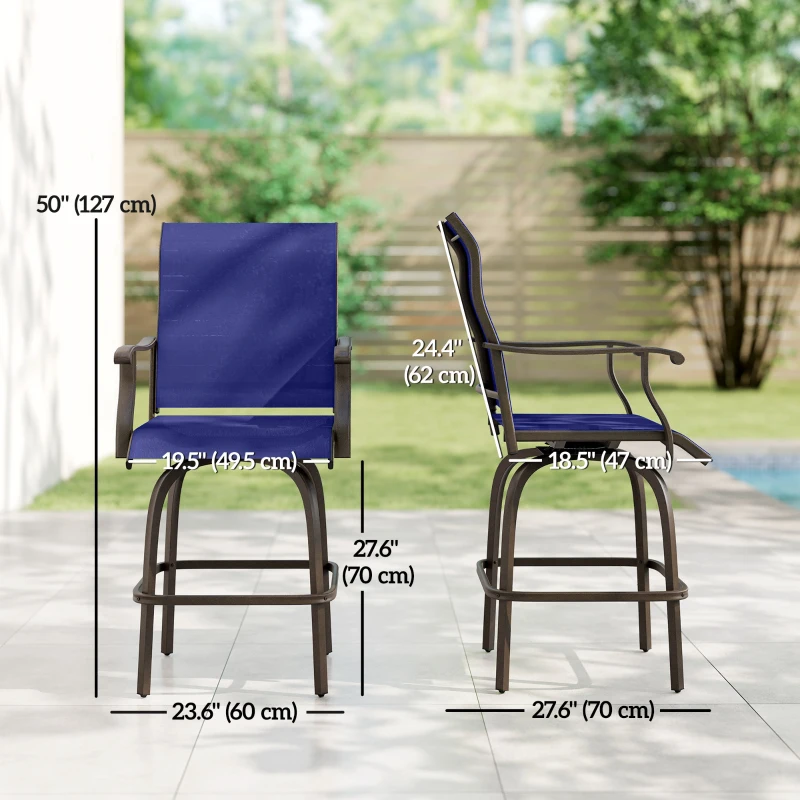 Outsunny Outdoor Bar Stools Set of 2, Swivel Bar Height Chairs with High Back, Curved Armrests and Steel Frame, Navy Blue