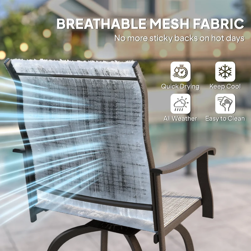 Outsunny Outdoor Bar Stools Set of 2, Swivel Bar Height Chairs with High Back, Curved Armrests and Steel Frame, Mixed Grey