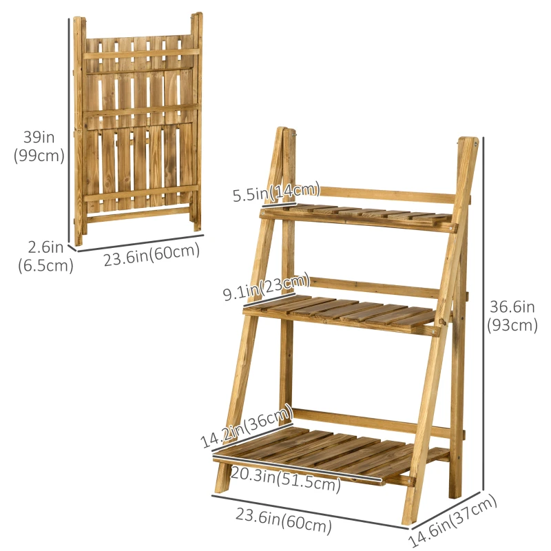 Outsunny Outdoor Plant Stand, Foldable Flower Stand 3-Tier Wooden Plant Shelf for Garden Indoor Outdoor, 24" x 14" x 37"