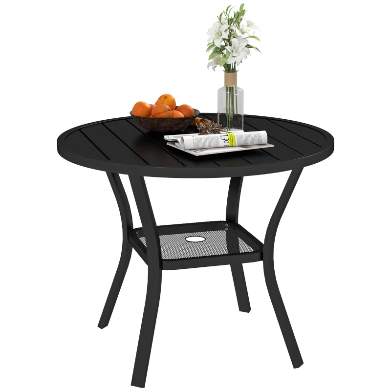 Outsunny 35.5" Round Outdoor Dining Table for 4, Metal Garden Patio Table with 1.6"-2" Umbrella Hole, Shelf, Slatted Top, Black
