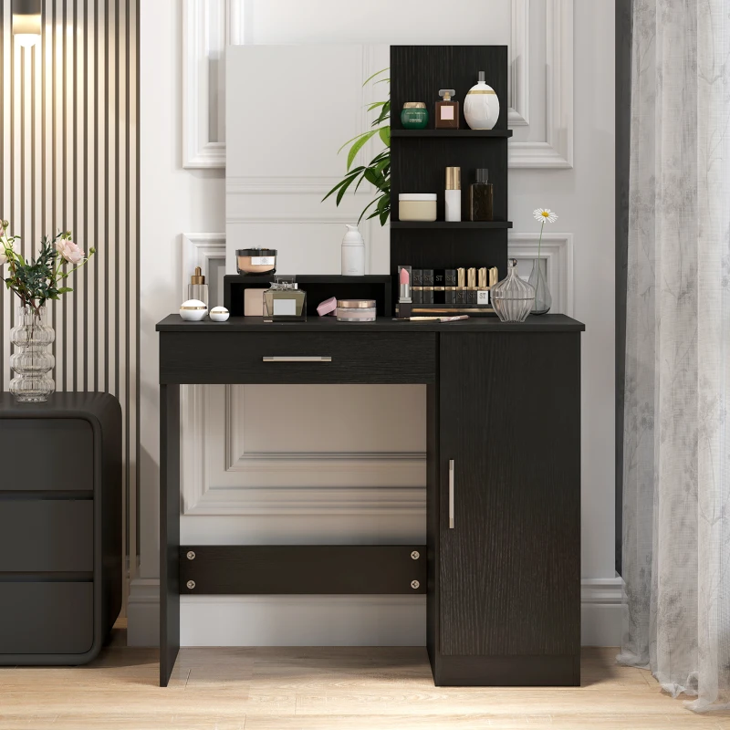 HOMCOM Vanity Desk with Mirror, Makeup Vanity w/ Drawer, Open Compartment and Shelves, Cabinet, Adjustable Shelves for Bedroom