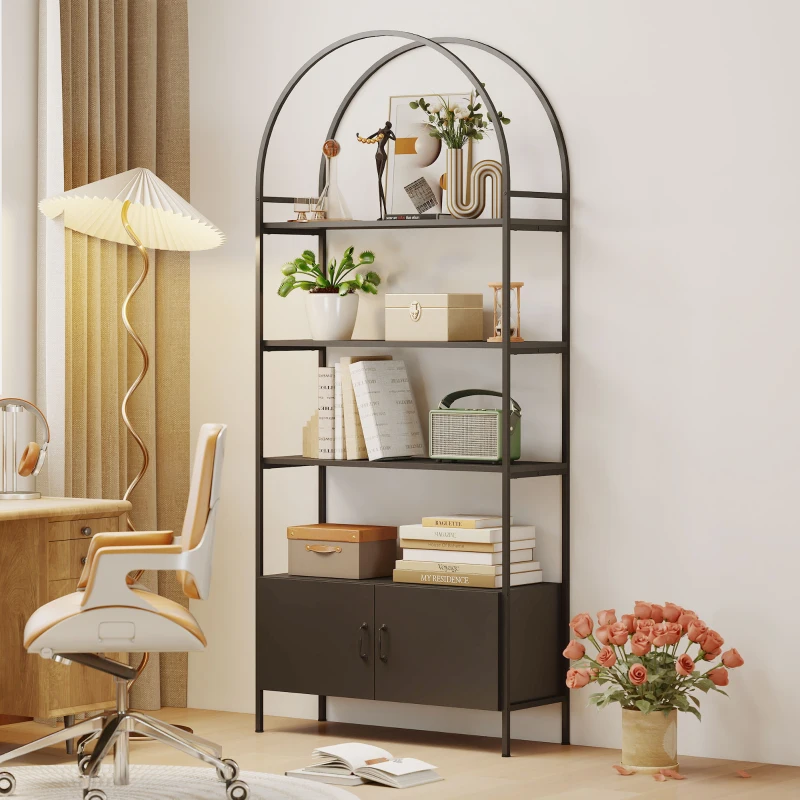 HOMCOM 4-Tier Arched Shelving Unit with Cabinet, Bookshelf for Living Room, Office, 31.5" x 11.8" x 73.6", Black