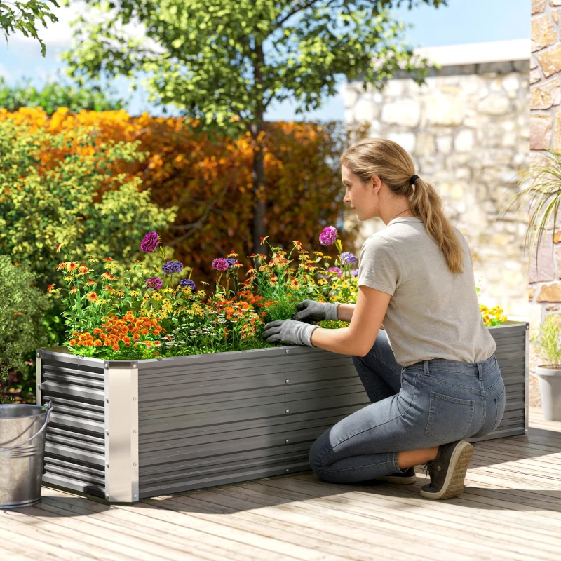 Outsunny 6' x 1.5' x 1.3' Galvanized Raised Garden Bed, Elevated Large Metal Planter Box w/ Install Gloves, Light Grey