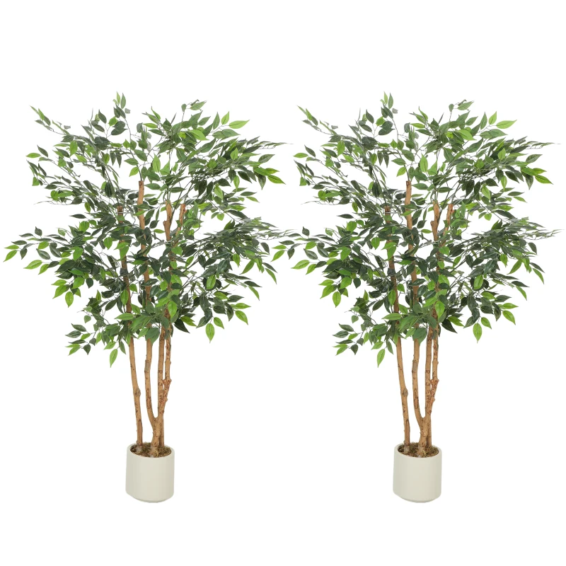 HOMCOM 5FT Artificial Banyan Tree Set of 2, Fake Potted Tree with Solid Wood Trunk and Pot for Indoor
