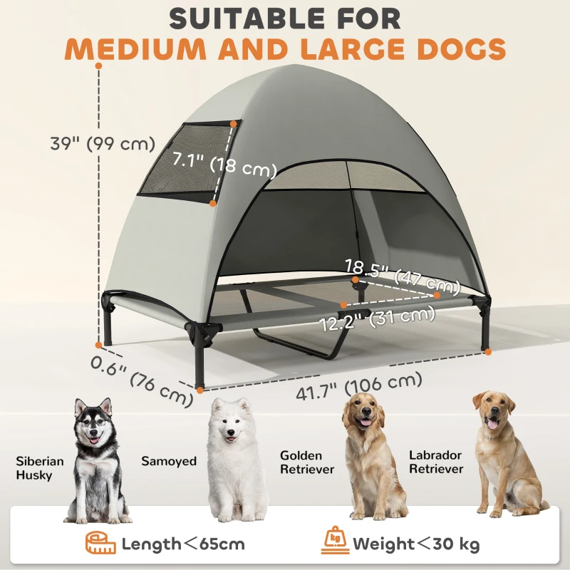 PawHut Elevated Dog Bed with Canopy Raised Dog Bed  Washable Mesh Steel Frame 41.7" x 29.9" x 39" Light Grey
